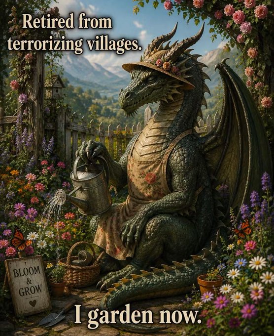 A whimsical fantasy illustration shows a green dragon wearing a sun hat and floral apron watering flowers in a garden, with text reading 'Retired from terrorizing villages. I garden now.'
