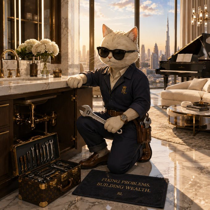 A white cat dressed in a Ralph Lauren (RL) work shirt, sunglasses, and tool belt kneels in a luxury penthouse overlooking Dubai's Burj Khalifa, holding a wrench beside an open toolkit. The doormat reads "FIXING PROBLEMS, BUILDING WEALTH. RL"—fitting the "gm plumber" post by humorously portraying wealth-building through skilled, hands-on work.
