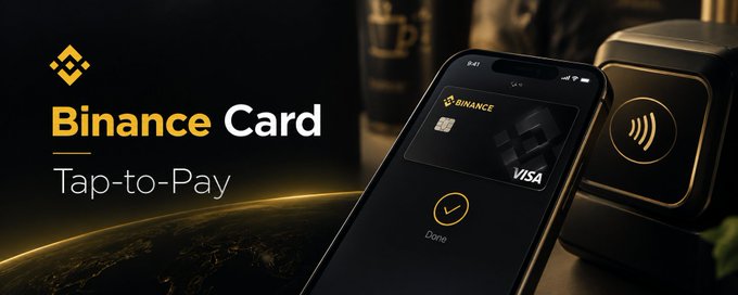 A promotional image showing a smartphone displaying a digital Binance Card with "VISA" branding alongside a contactless payment terminal, featuring the text "Binance Card" and "Tap-to-Pay" on the left. The graphic illustrates how Binance Card's Google Wallet integration enables seamless contactless payments by simply tapping an unlocked phone at supported terminals.
