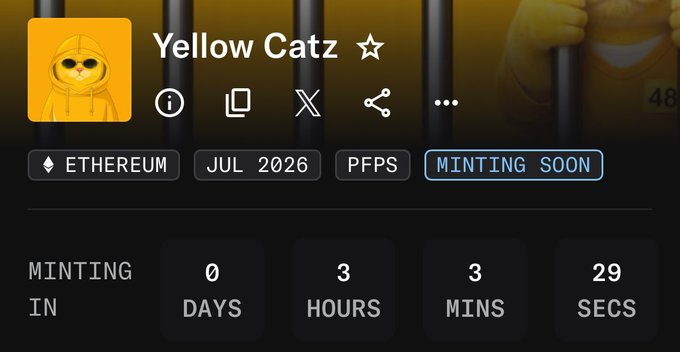 The image shows a minting countdown page for the "Yellow Catz" NFT collection on Ethereum, set to begin in 0 days, 3 hours, 3 minutes, and 29 seconds, with a "Minting Soon" status and PFPS category. The accompanying post highlights excitement about this free mint on ETH mainnet with spots offered to LS Cabal members, aligning with the imminent countdown shown in the image.