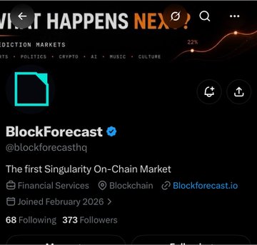 The image shows a Twitter profile page for **BlockForecast** (@blockforecasthq), verified account with 68 Following and 373 Followers, describing itself as "The first Singularity On-Chain Market" tagged under Financial Services and Blockchain. This relates to the accompanying post, which shows the author promoting BlockForecast while heading to @NFT__NG, asking for 30 likes to earn merch.