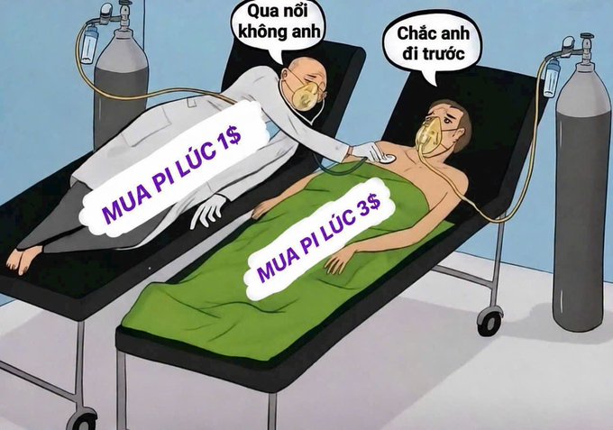 A satirical cartoon showing two figures in hospital beds on oxygen, with one labeled 'MUA PI LÚC 1$' telling the other labeled 'MUA PI LÚC 3$' 'Chắc anh đi trước' (Vietnamese for 'I guess you go first').