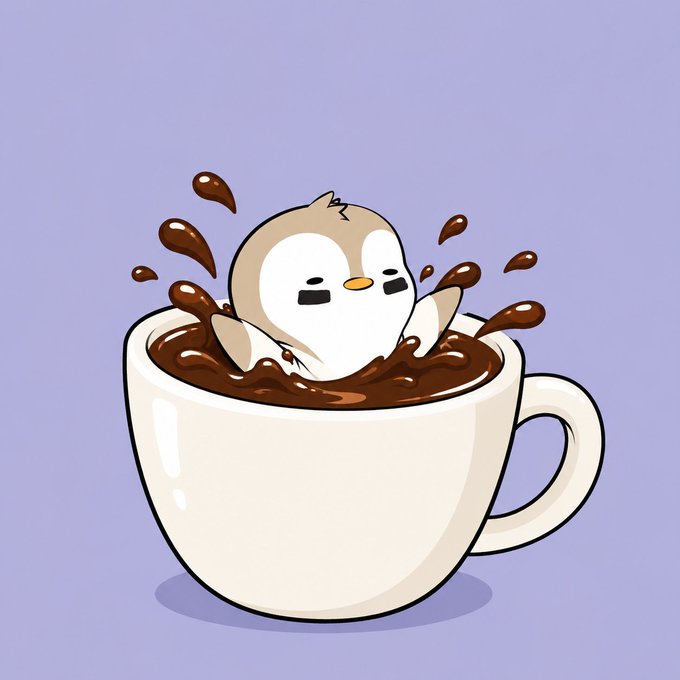 A cartoon illustration of a cute penguin splashing in a cup of chocolate on a light purple background.