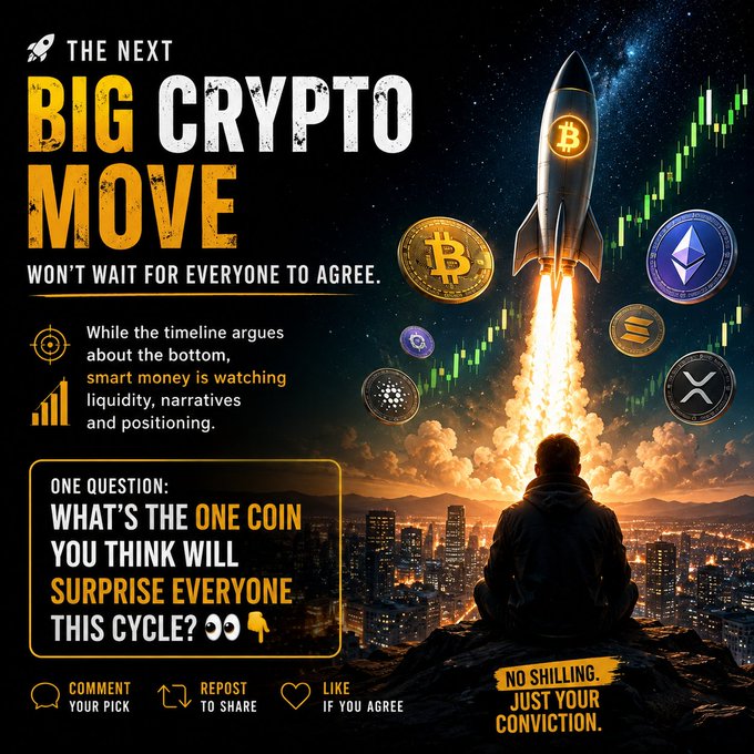 A crypto promotional graphic titled 'THE NEXT BIG CRYPTO MOVE' featuring a rocket launching with Bitcoin, Ethereum, and XRP coins, asking viewers to comment their coin pick for the cycle.