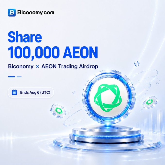 A promotional graphic for Biconomy.com advertising 'Share 100,000 AEON - Biconomy x AEON Trading Airdrop' ending August 6, featuring a green and blue token logo.