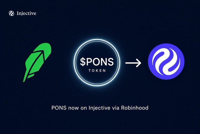 A promotional graphic for Injective showing the text "$PONS now on Injective via Robinhood" with the Robinhood feather, $PONS token, and Injective logos connected by an arrow.