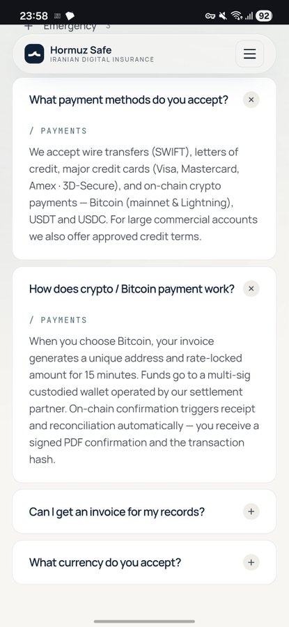 The image shows a close-up of a smartphone screen displaying information about cryptocurrencies and insurance payments. It appears that someone has asked, "What does Bitcoin payment work?" The answer provided suggests an acceptance procedure for Bitcoin payments by Iran. Additionally, a post states that Tether has frozen $1B in its USDT account due to the blockade of Iran's Strait of Hormuz oil reserve. Both systems appear to be functioning properly despite the blockade and the recent developments.