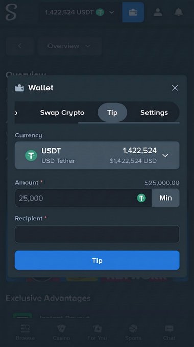 A screenshot of a cryptocurrency wallet interface showing a "Tip" function selected, with 1,422,524 USDT (USD Tether) in the wallet and an amount of 25,000 USDT entered into the tip field. This aligns with the post about giving a $25,000 tip to 5 random followers, demonstrating the sender's available USDT balance to fulfill the giveaway.