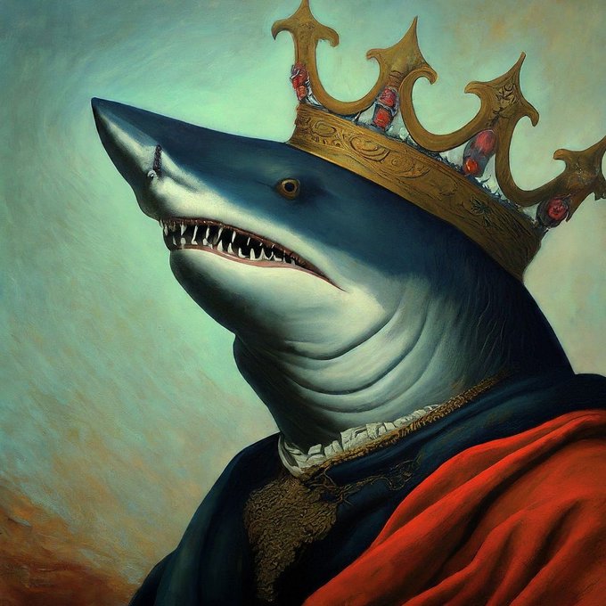A surreal oil painting-style illustration of a shark wearing an ornate golden crown with red jewels and royal robes with a red cape, depicted as a regal monarch.