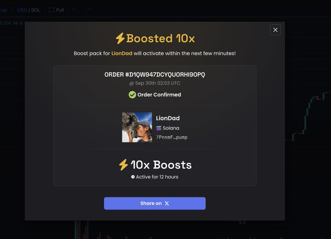 A confirmation popup for a 'Boosted 10x' boost pack order on a trading platform, showing Order #D1QW947DCYQUORHI9OPQ for 'LionDad' (7PnnmF...pump) on Solana, active for 12 hours.