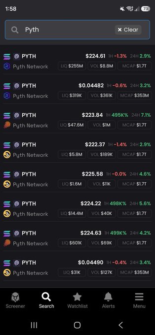 The image shows a DEX Screener search result for "Pyth," displaying multiple PYTH token listings from Pyth Network with prices ranging from $0.04482 to $225.58, with market caps around $1.7T to $353M. The post humorously suggests the $1.7T market cap listings look like predictions from 5 years in the future, poking fun at the absurd valuation alongside more realistic figures.