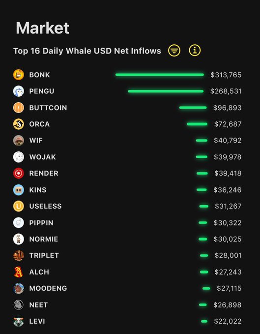 The image displays a market dashboard titled "Top 16 Daily Whale USD Net Inflows," showing BONK ($313,765) and PENGU ($268,531) leading Solana whale inflows, followed by smaller caps like BUTTCOIN ($96,893), ORCA, WIF, and others, directly supporting the post's claim that BONK and PENGU topped 24-hour whale inflows while highlighting BUTTCOIN's third-place position among small caps.