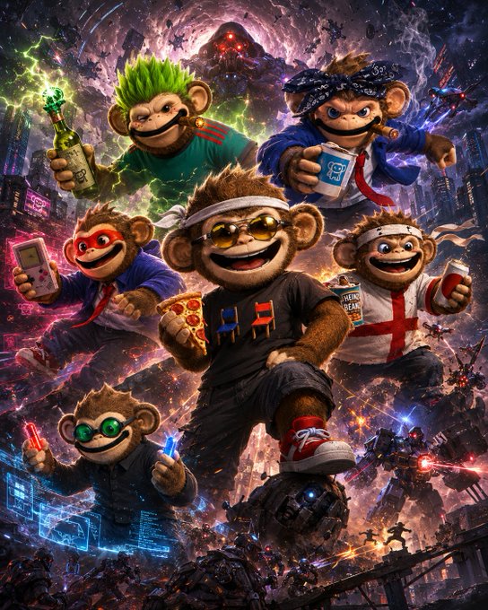 A vibrant, chaotic digital illustration featuring a group of cartoonish monkeys with various accessories (a green mohawk, bandanas, sunglasses, a Game Boy, pizza, soda cans) set against a dynamic, colorful background of explosions and futuristic cityscapes.