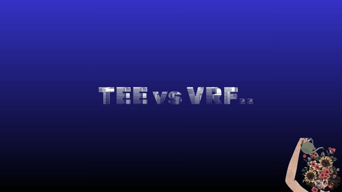 Minimalist dark blue gradient background with bold metallic text 'TEE vs VRF' in the center and a small image of a hand holding a bouquet of sunflowers in the bottom right corner.
