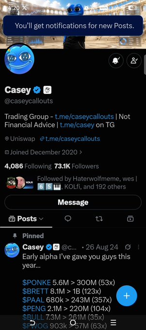 The image shows the Twitter/X profile of @caseycallouts ("Casey"), which displays 73.1K followers, 4,086 following, and a pinned post featuring a list of cryptocurrency tickers including $PONKE, $BRETT, $PAAL, $PENG, $BULL, and $DOG (some partially visible), each with corresponding market caps and multiplier percentages (e.g., $PONKE at 5.6M→300M, 53x). The associated post simply thanks the account and shares a Solana wallet address, suggesting it's a tribute or shoutout to the crypto trading influencer.