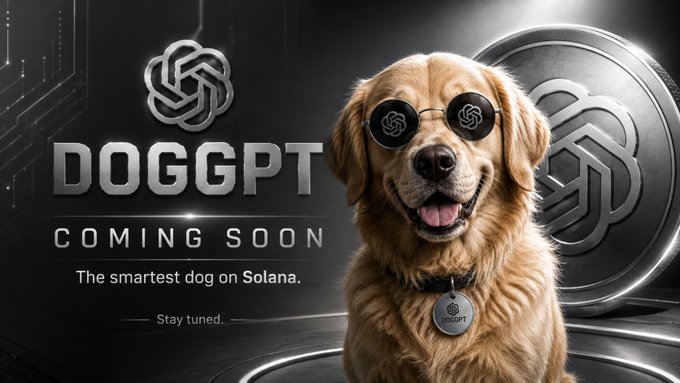 Promotional graphic for 'DOGGPT - COMING SOON' featuring a golden retriever wearing OpenAI-style logo sunglasses, with text 'The smartest dog on Solana' and 'Stay tuned.'