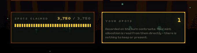 A screenshot showing 'SPOTS CLAIMED 3,750 / 3,750' with 'YOUR SPOTS 1' and text stating mint allocation is read directly from burn contracts.