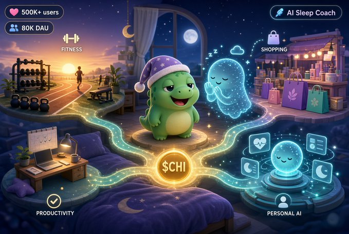 An illustrated app advertisement featuring a green dinosaur mascot in a sleep cap, surrounded by sections labeled FITNESS, SHOPPING, PRODUCTIVITY, and PERSONAL AI, with '500K+ users', '80K DAU', and 'AI Sleep Coach' visible.