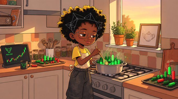 A stylized, cartoon-like illustration of a person with an afro and geometric hair accessory cooking green candles on a stove, with a digital chart showing a 'BULLISH' trend on a screen in the background.