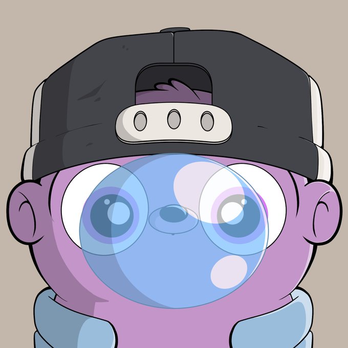A cartoon illustration of a purple-skinned character with large eyes covered by oversized blue goggles and wearing a backwards black baseball cap with three circles on the adjuster strap.