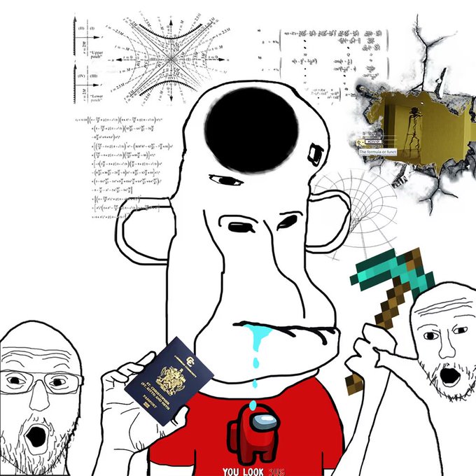 A chaotic digital illustration showing a large pale alien-like figure with an Among Us crewmate character on its red shirt reading 'YOU LOOK SUS', alongside wojak-style faces, mathematical graphs, a Canadian passport, and a Minecraft diamond pickaxe.