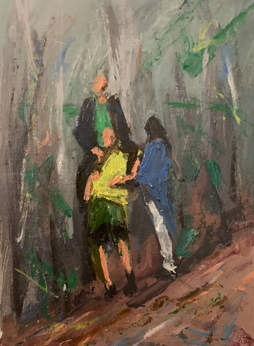 A loose, expressionistic oil painting depicting two figures—one in a green top and another in a blue jacket—standing together against a misty, gray-green backdrop with visible brushstrokes, matching the "In the Mist" title of this 1/1 physical artwork minted on Transient Labs.