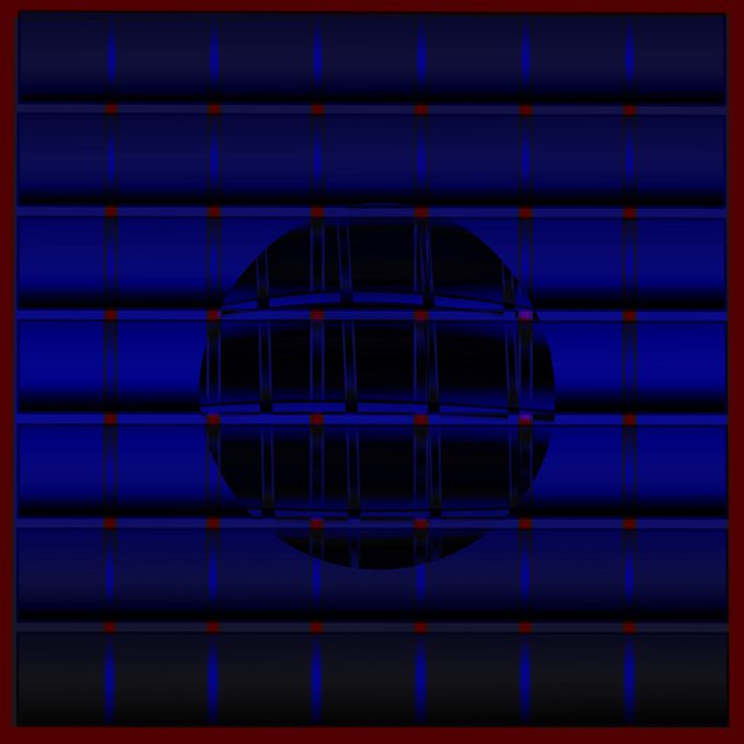 A digital abstract image features a dark, slightly irregular circle at the center, set against a background of deep blue and red horizontal and vertical grid lines.