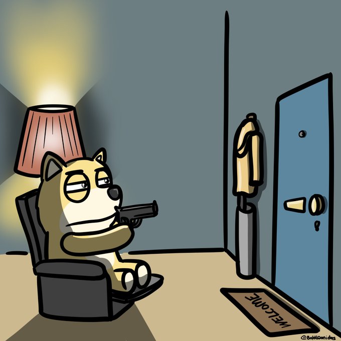 A cartoon illustration of a doge (Shiba Inu) sitting in a chair holding a gun, with a 'WELCOME' mat at the door and a lamp in the corner, signed '@BokBokni.idea'.