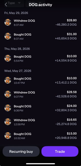 The image shows a phone screen displaying a list of dates, times, and amounts related to trading dog-related items such as "Withheld DOG" and "Bought DOG", along with other financial information like "Withdrawn DOG" and "Bought DOG". The post in the image is titled "I am crystal clear about my beliefs! $Dog is the answer. DCA!!!". This message seems to be a commentary or opinion on the trading of dog-related items, possibly related to the content displayed on the phone screen.