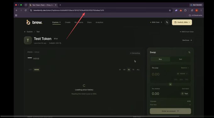 A screenshot of the Brew.family platform showing the "Test Token" page with a contract address (0x8dd50128acb78102743ba65553f55793e9ee7d10) and a market cap of 0x99 ($3,999), with a red arrow pointing to the URL bar to highlight the contract address matching the one posted about Brew's newly launched test coin.