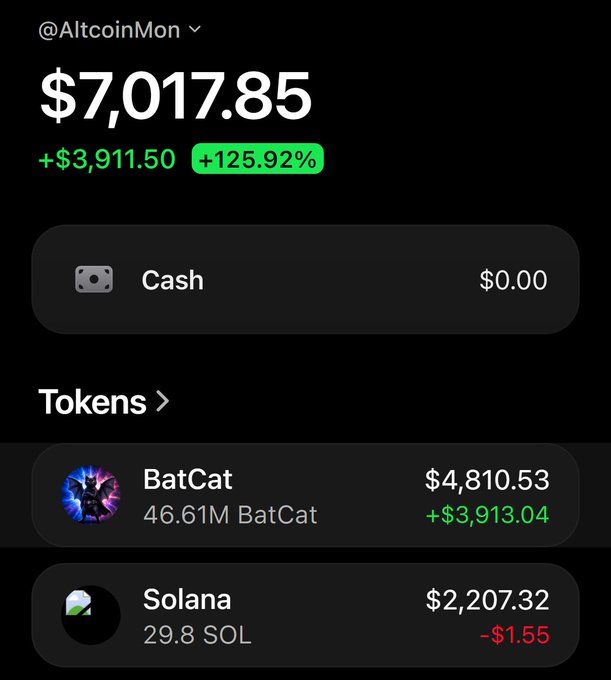 A mobile wallet screen shows a portfolio value of $7,017.85 with a +125.92% gain, featuring tokens BatCat ($4,810.53) and Solana ($2,207.32).