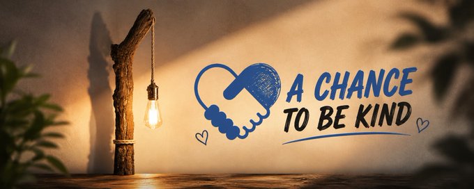 A warmly illuminated rustic scene featuring a hanging Edison bulb next to a wooden branch, with a blue graphic of two hands shaking forming a heart and the text 'A CHANCE TO BE KIND.'