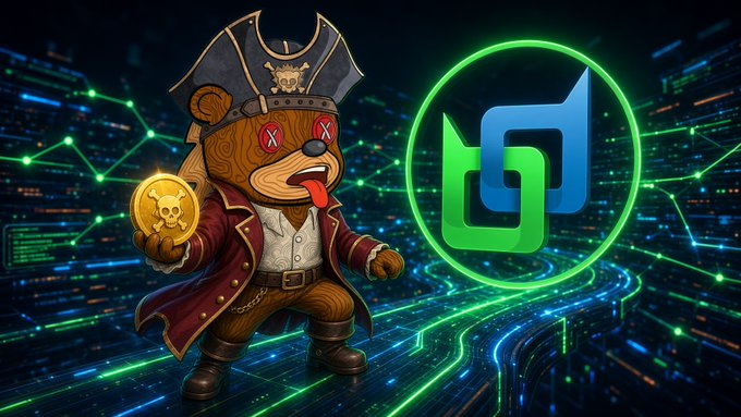 A digital illustration of a pirate-themed teddy bear character holding a skull coin, positioned next to a green and blue logo against a tech-inspired neon background.