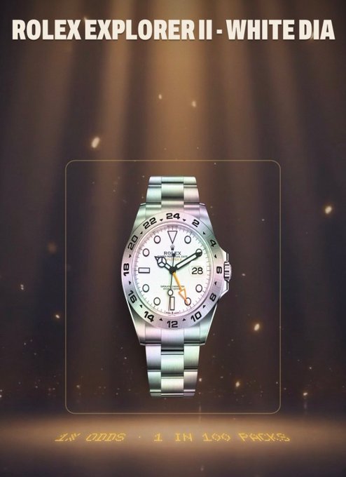 A promotional graphic for the Rolex Explorer II White Dial watch, featuring text noting '1 IN ODDS - 1 IN 100 PACKS' against a glowing background.