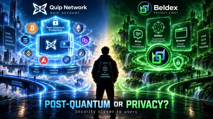 A promotional graphic comparing Quip Network and Beldex, featuring a silhouette of a person standing between two glowing digital landscapes with the text 'POST-QUANTUM OR PRIVACY? Security closer to users'.