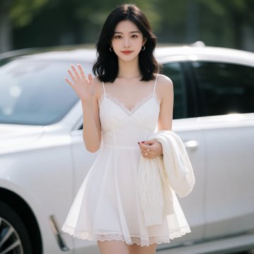 A young woman in a white lace dress waving in front of a white car, holding a cream-colored cardigan.