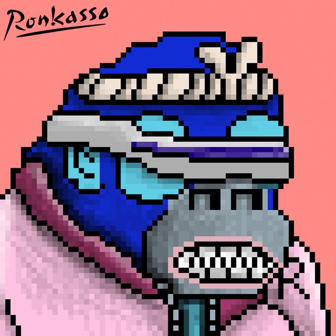 A pixel art portrait of a character wearing a blue helmet with bone details, gray lower face mask, and pink clothing against a coral background, signed "Ronkasso" in the top left. The image ties to the giveaway post by serving as the official Ronkasso NFT artwork for the RonKongz giveaway to Ronkasso Kitchen members.