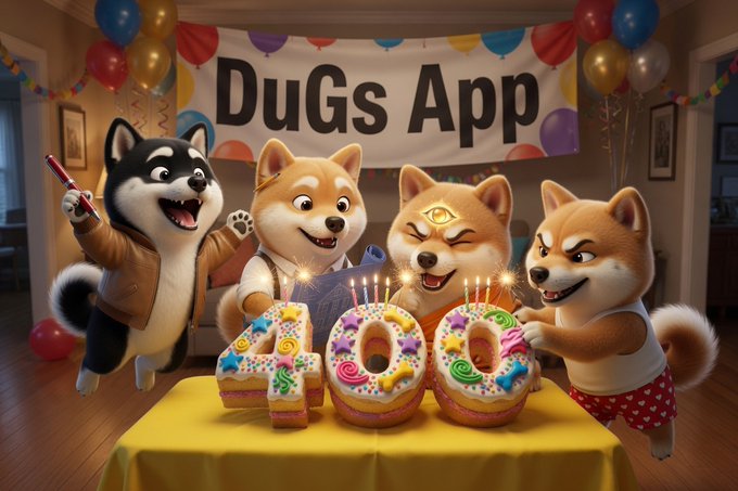 The image features a group of four Shiba Inu dogs, each wearing a party hat with a number on them, standing around a table covered with a yellow tablecloth. The table also has a cake decorated with colorful icing and candles on top. A banner is displayed behind the dogs that reads "Dugs App".