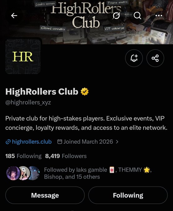 A social media profile page for 'HighRollers Club' (@highrollers_xyz) describing itself as a 'Private club for high-stakes players' with VIP concierge and loyalty rewards.