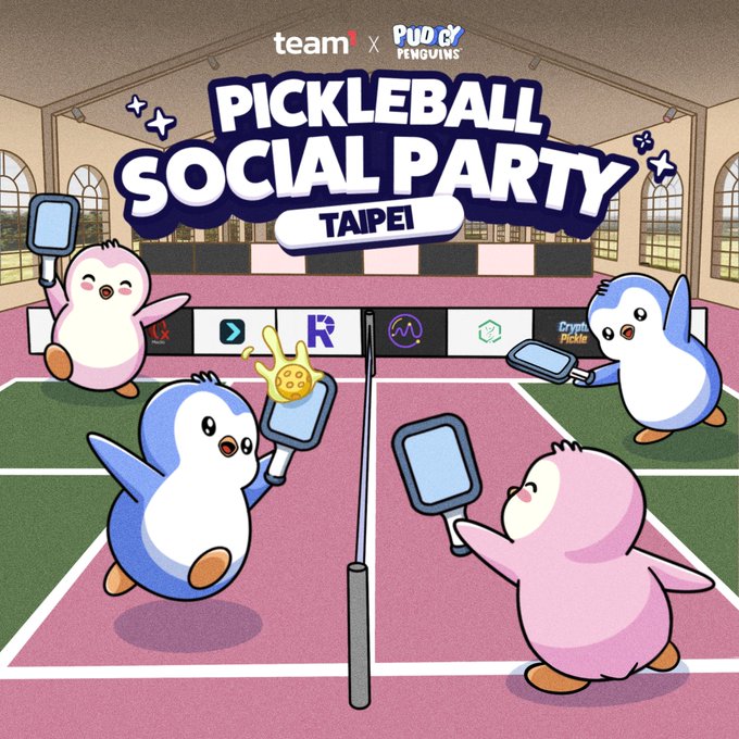 An illustrated promotional poster for 'Pickleball Social Party' in Taipei, featuring cartoon pink and blue penguins playing pickleball on a pink court with sponsors including teami, Pudgy Penguins, and Crypto Pickle.