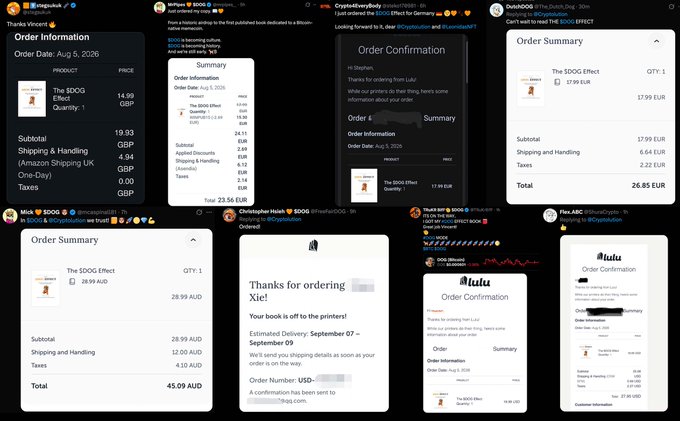 A collage of order confirmation screenshots from Amazon, Lulu, and 'The SDOG Effect' book purchases across multiple currencies including GBP, EUR, and AUD.