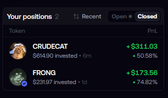 A crypto trading interface showing two closed positions: 'CRUDECAT' with +$311.03 profit (50.58%) and 'FRONG' with +$173.56 profit (74.82%).