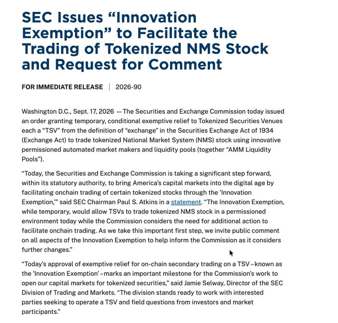 The image shows an SEC press release dated Sept. 17, 2026, announcing an "Innovation Exemption" (2026-90) that grants temporary, conditional relief allowing Tokenized Securities Venues (TSVs) to trade tokenized NMS stock using "AMM Liquidity Pools," with Chairman Paul S. Atkins and Director Jamie Selway quoted on the initiative and a public comment period opened. This directly aligns with the accompanying post highlighting the historic nature of the SEC's tokenized trading exemption and its bullish implications for companies like Robinhood, Coinbase, and Circle operating in the RWA (real-world assets) space.