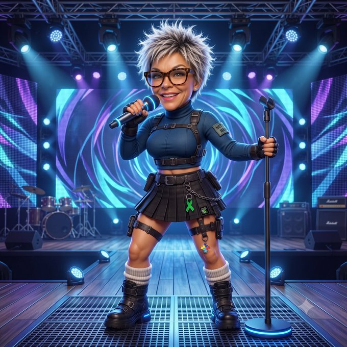 A 3D cartoon-style illustration of a short-haired woman with glasses wearing a blue tactical top and black pleated skirt, holding a microphone on a concert stage with speakers and colorful lights.