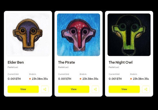 A screenshot of an NFT marketplace showing three Pastel Luci artworks — 'Elder Ben' (0.001 ETH), 'The Pirate' (0.001 ETH), and 'The Night Owl' (0.001 ETH) — each with 23h 38m 35s remaining.