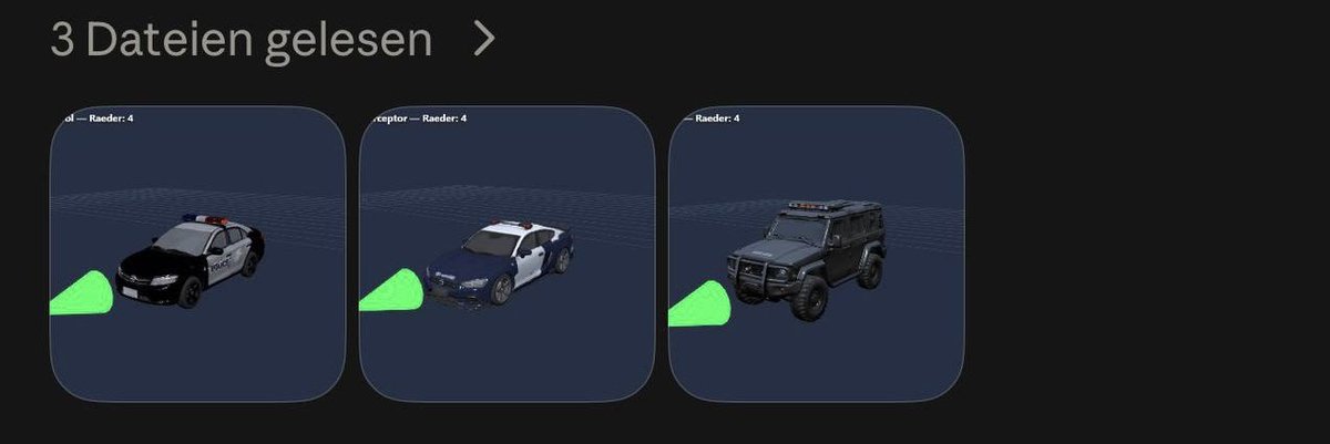 A dark-themed interface displays the German text "3 Dateien gelesen" (3 files read) at the top, showing three 3D-rendered vehicle models—a black and white police car, a blue and white sports car (labeled "raptor"), and a black Land Rover-style SUV—each appearing to be game assets for the early development of a Need for Speed-style racing game being built on the Internet Computer (ICP) blockchain.