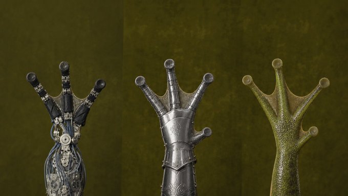 Three side-by-side views show the stages of creating a frog's foot—mechanical with exposed gears, polished silver armor, and a textured green organic finish—evoking the biomechanical "GRiBBiT" theme of blending amphibian biology with steampunk craftsmanship.