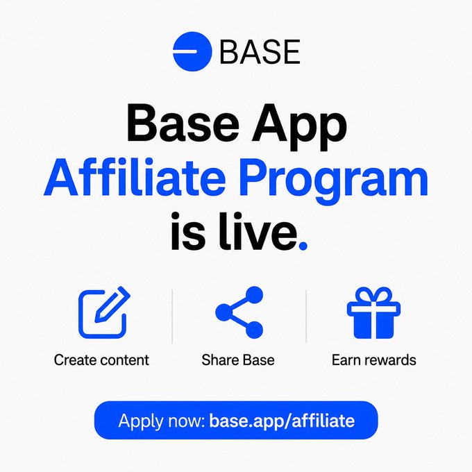 The image features a white background with blue text that reads "Base App Affiliate Program is live." Below this, there are three icons representing different aspects of the app's functionality - creating content, sharing base, and earning rewards for affiliates. The text also mentions that the app is now available to apply or join, which implies that users can start using the app immediately.