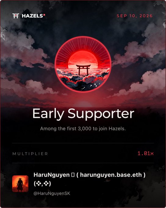 A digital 'Early Supporter' card from Hazels dated 'SEP 10, 2026' with a 1.01x multiplier, showing the username 'HaruNguyen' and their wallet address.