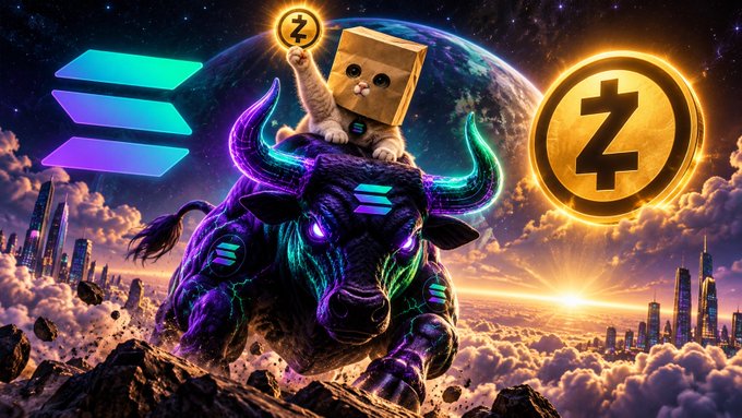 A neon bull charges through a futuristic sky while carrying a kitten wearing a ZEC token medallion, with Solana (SOL) logos floating nearby—visually amplifying the post's bold call that "YOU ARE NOT BULLISH ENOUGH!" for $SOL, $ZEC, $ZCAT, and $CURB price predictions.